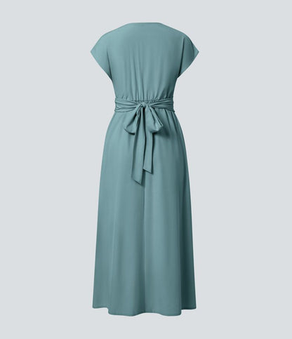 Jade - Robe Invitée Mariage Femme Élégante Col Croisé Taille Haute et Jupe Fluide
