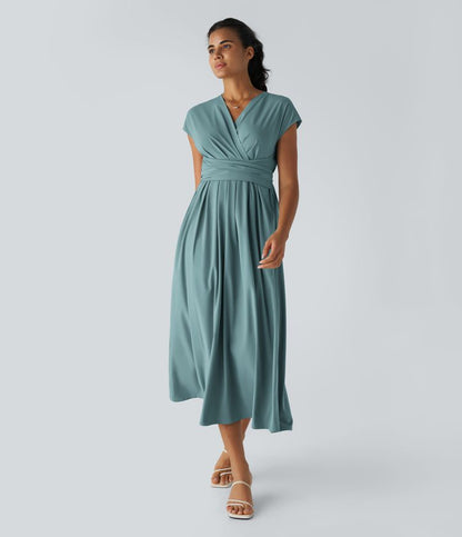 Jade - Robe Invitée Mariage Femme Élégante Col Croisé Taille Haute et Jupe Fluide