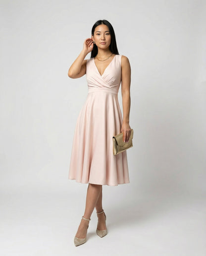 Jade - Robe Invitée Mariage Femme Élégante à Col V Croisé avec Jupe Évasée et Taille Haute