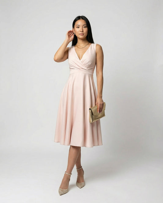 Jade - Robe Invitée Mariage Femme Élégante à Col V Croisé avec Jupe Évasée et Taille Haute