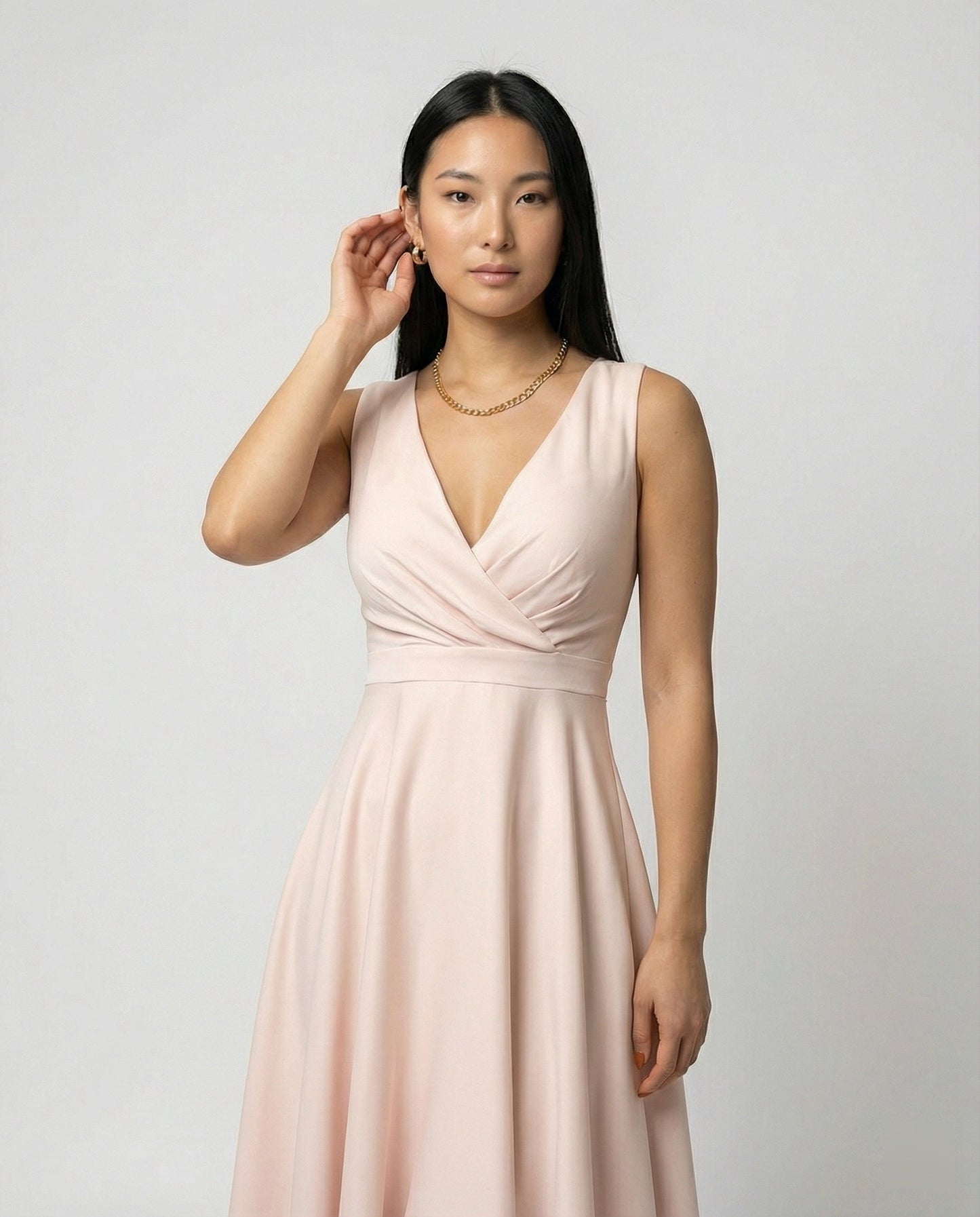 Jade - Robe Invitée Mariage Femme Élégante à Col V Croisé avec Jupe Évasée et Taille Haute