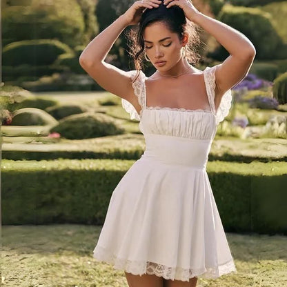 Jade - Robe Mariage Invitée Mini Femme Romantique en Dentelle avec Jupe Évasée et Col Carré