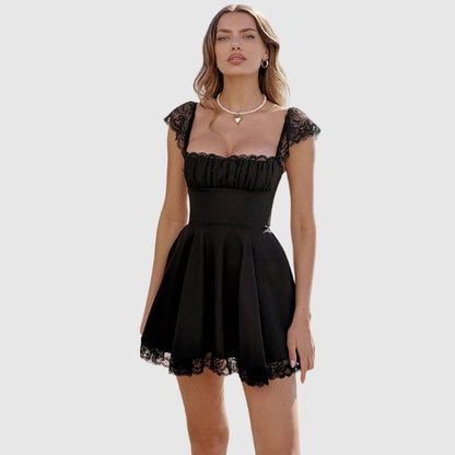 Jade - Robe Mariage Invitée Mini Femme Romantique en Dentelle avec Jupe Évasée et Col Carré