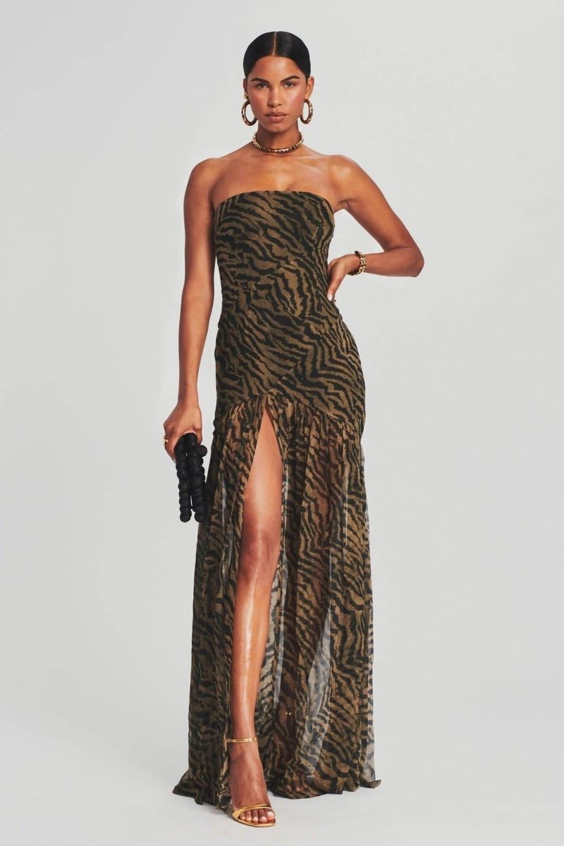 Jade - Robe de Soirée Longue Femme Bustier sans Bretelles avec Imprimé Animal et Fente
