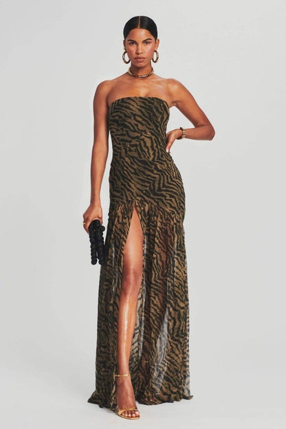 Jade - Robe de Soirée Longue Femme Bustier sans Bretelles avec Imprimé Animal et Fente