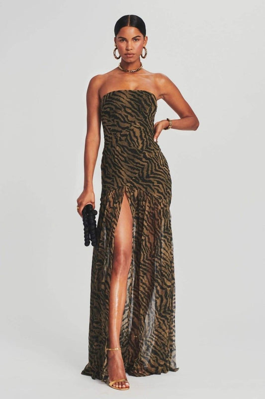 Jade - Robe de Soirée Longue Femme Bustier sans Bretelles avec Imprimé Animal et Fente