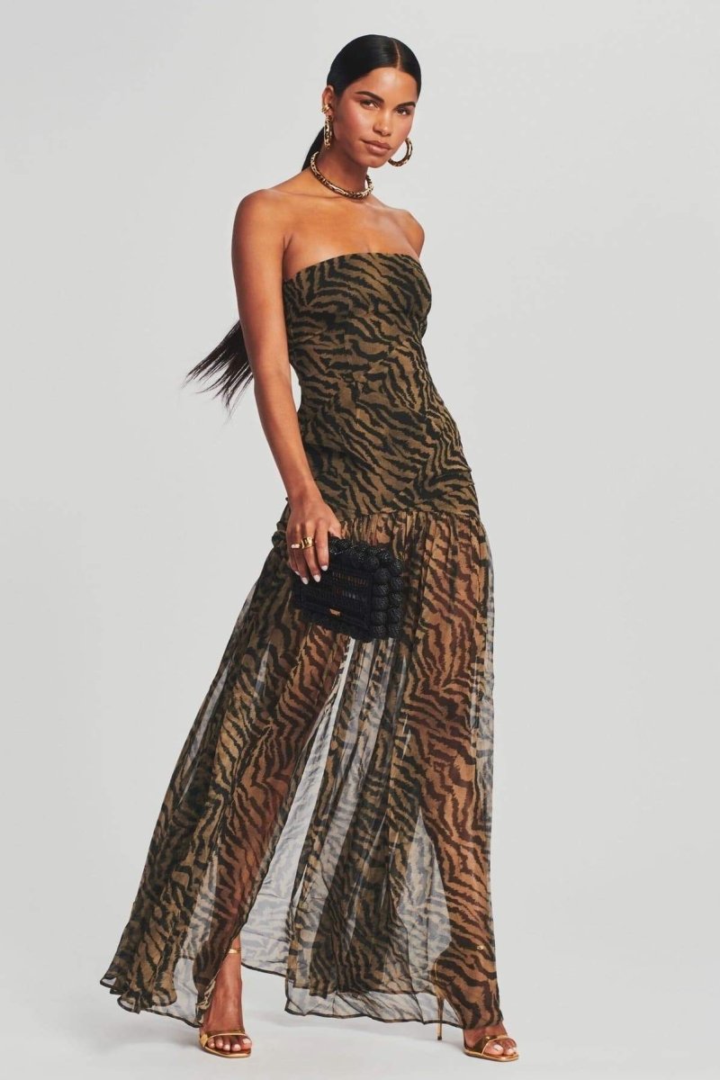 Jade - Robe de Soirée Longue Femme Bustier sans Bretelles avec Imprimé Animal et Fente
