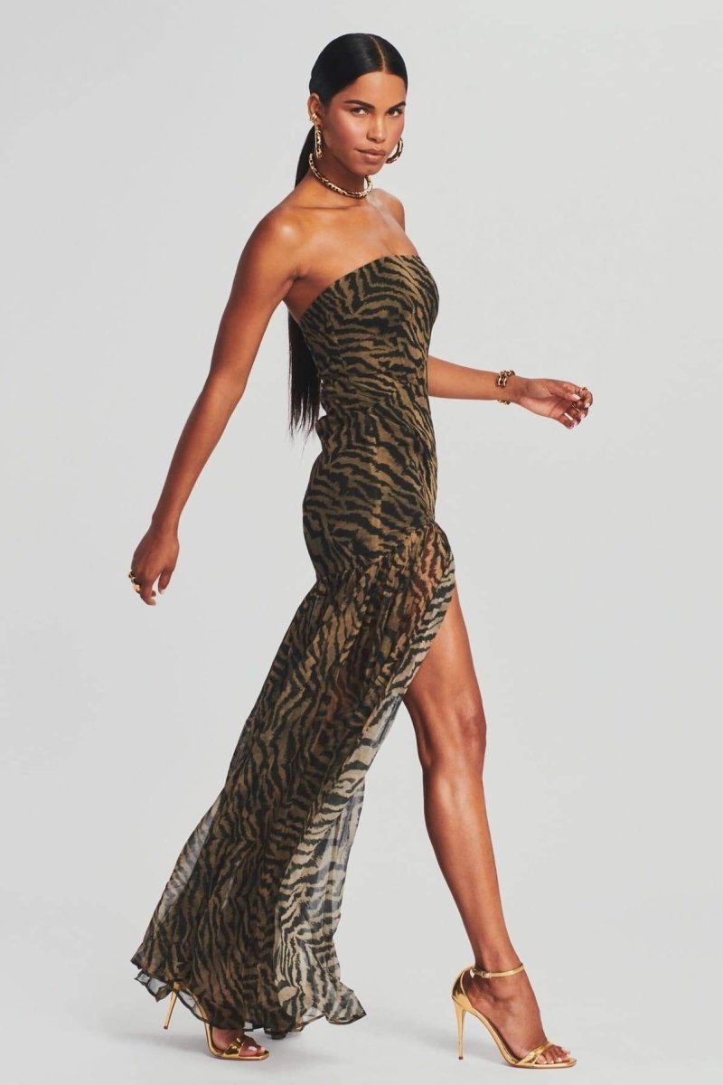 Jade - Robe de Soirée Longue Femme Bustier sans Bretelles avec Imprimé Animal et Fente