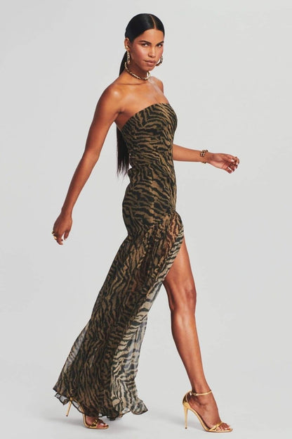 Jade - Robe de Soirée Longue Femme Bustier sans Bretelles avec Imprimé Animal et Fente