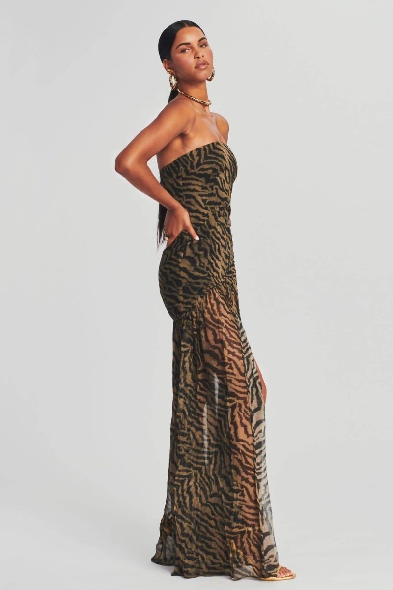 Jade - Robe de Soirée Longue Femme Bustier sans Bretelles avec Imprimé Animal et Fente
