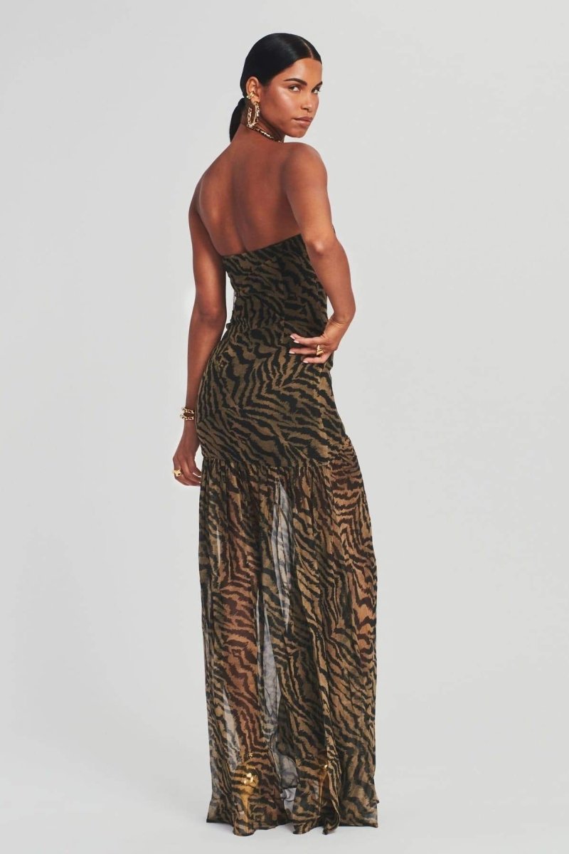 Jade - Robe de Soirée Longue Femme Bustier sans Bretelles avec Imprimé Animal et Fente