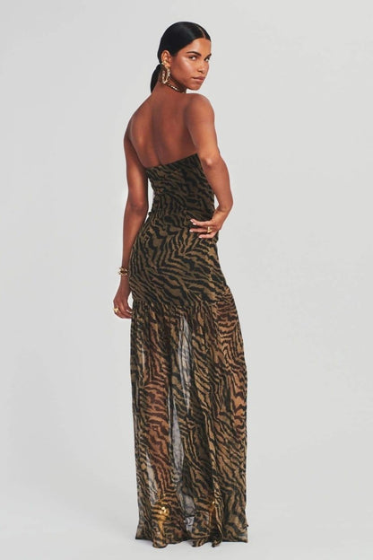 Jade - Robe de Soirée Longue Femme Bustier sans Bretelles avec Imprimé Animal et Fente