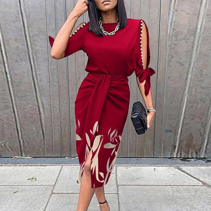 Jade - Robe Invitée Mariage Femme Chic Midi Ceinturée avec Fente et Détails Ajourés