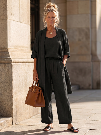 Juliette - Ensemble 3 Pièces en Lin Femme Chic avec Cardigan Long et Pantalon Fluide