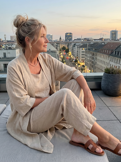 Juliette - Ensemble 3 Pièces en Lin Femme Chic avec Cardigan Long et Pantalon Fluide