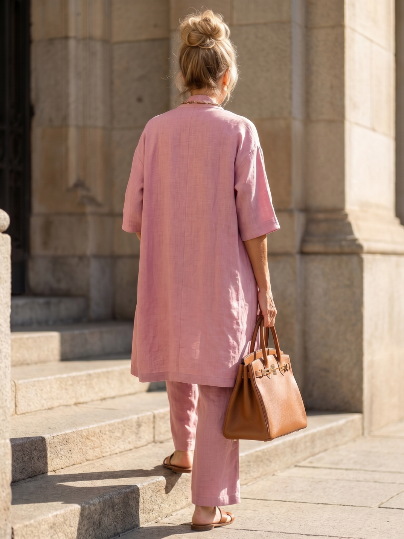 Juliette - Ensemble 3 Pièces en Lin Femme Chic avec Cardigan Long et Pantalon Fluide