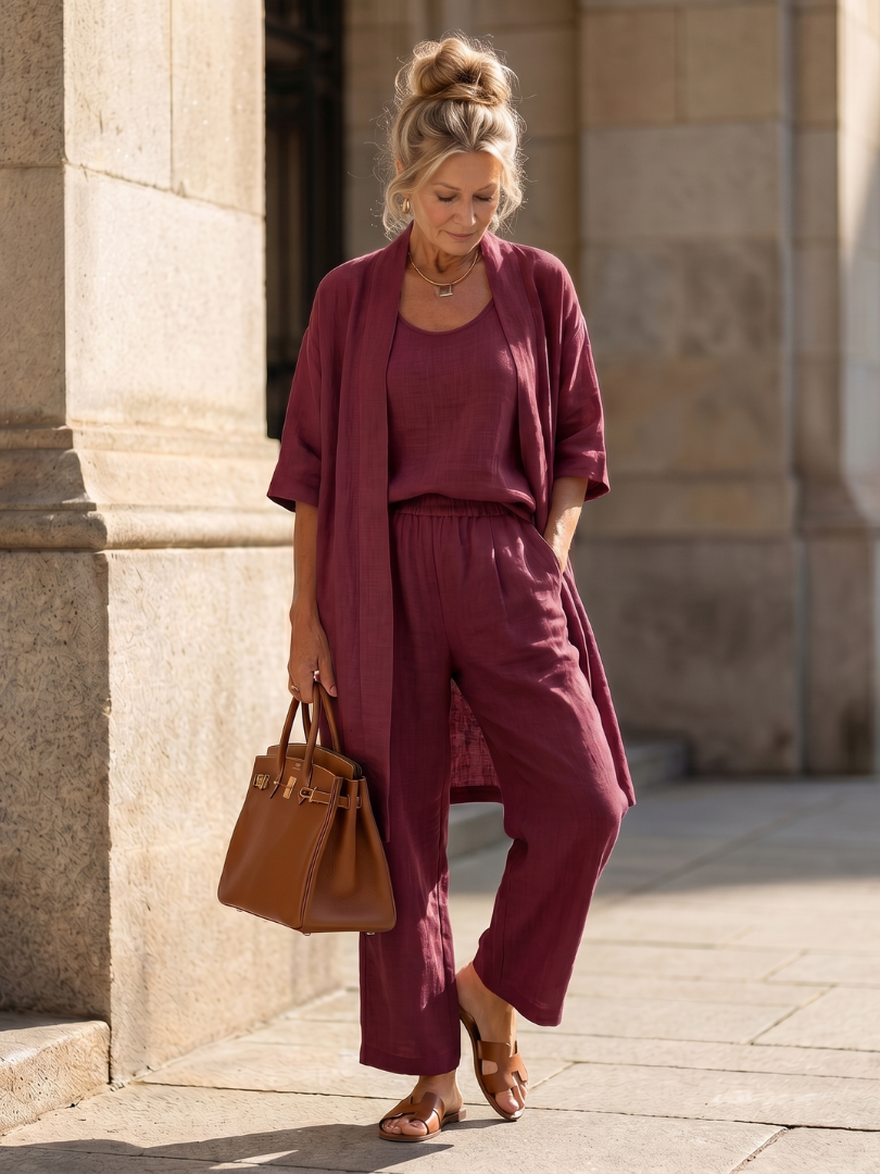 Juliette - Ensemble 3 Pièces en Lin Femme Chic avec Cardigan Long et Pantalon Fluide