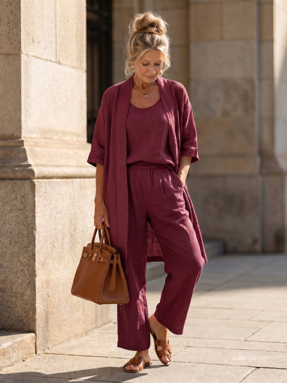 Juliette - Ensemble 3 Pièces en Lin Femme Chic avec Cardigan Long et Pantalon Fluide