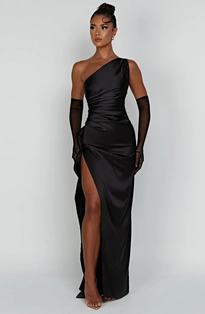 Juliette - Robe Invitée Mariage Femme Maxi Épaule Dénudée avec Fente Haute et Drapé Élégante