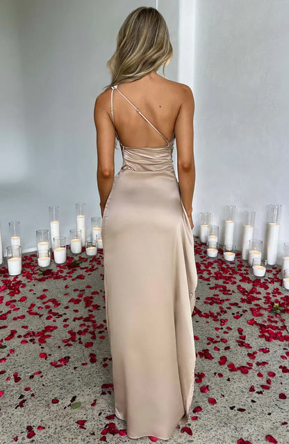 Juliette - Robe Invitée Mariage Femme Maxi Épaule Dénudée avec Fente Haute et Drapé Élégante