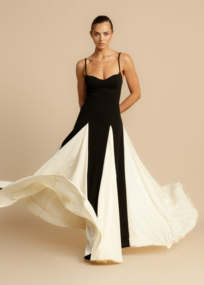 Juliette - Robe Invitée Mariage Femme Élégante Bicolore avec Bretelles Fines et Jupe Évasée