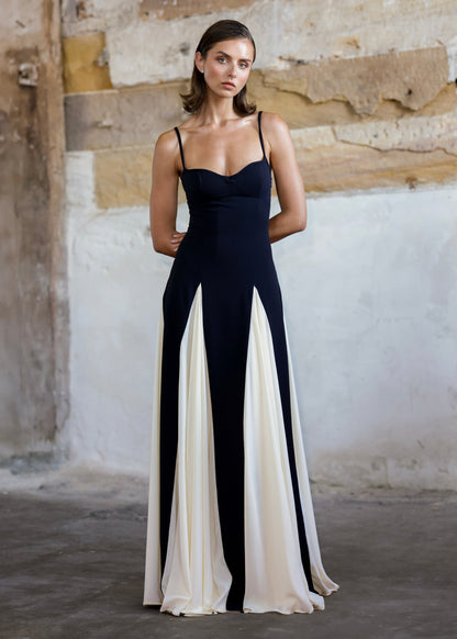 Juliette - Robe Invitée Mariage Femme Élégante Bicolore avec Bretelles Fines et Jupe Évasée