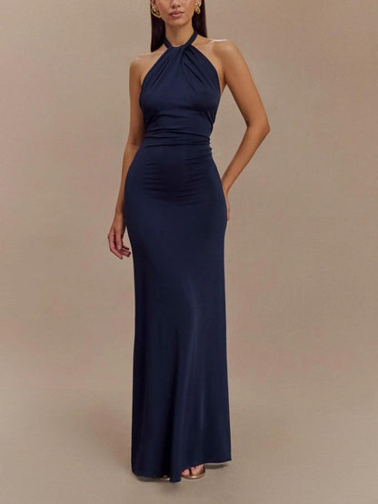 Juliette - Robe Invitée Mariage Femme Élégante Longue avec Col Halter Torsadé et Drapé