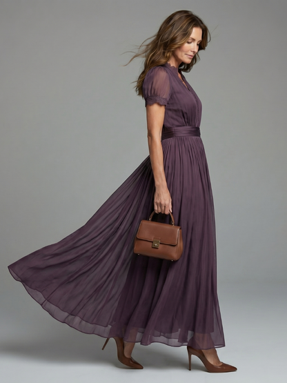 Juliette - Robe Longue Femme Chic avec Manches Papillon et Taille Smockée