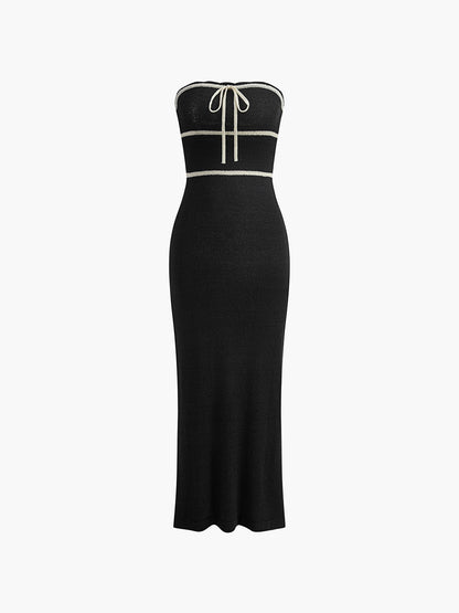 Juliette - Robe Mariage Invitée Midi Femme Chic avec Bustier Bandeau et Liseré Contrasté