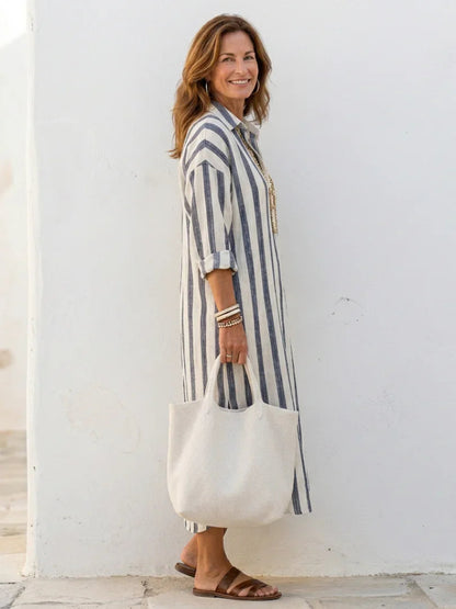 Juliette - Robe Maxi en Lin Femme Vintage avec Col Chemise et Manches 3/4