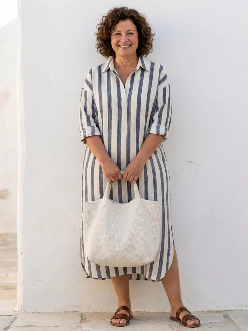 Juliette - Robe Maxi en Lin Femme Vintage avec Col Chemise et Manches 3/4