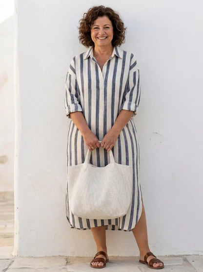 Juliette - Robe Maxi en Lin Femme Vintage avec Col Chemise et Manches 3/4