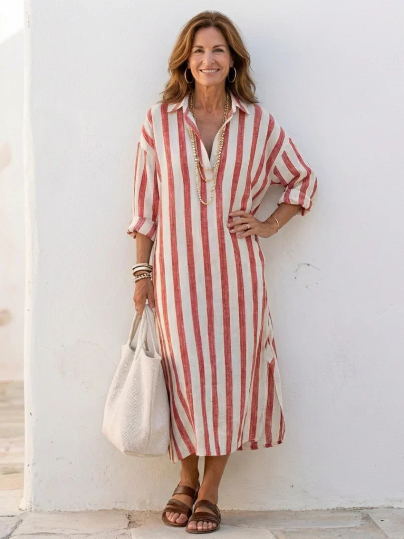 Juliette - Robe Maxi en Lin Femme Vintage avec Col Chemise et Manches 3/4
