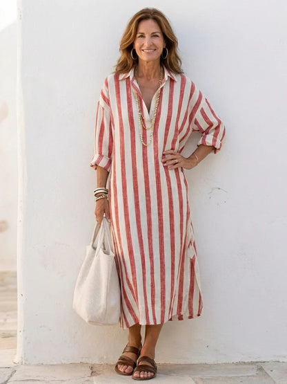 Juliette - Robe Maxi en Lin Femme Vintage avec Col Chemise et Manches 3/4
