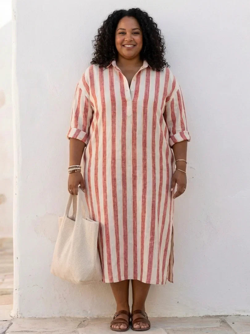 Juliette - Robe Maxi en Lin Femme Vintage avec Col Chemise et Manches 3/4