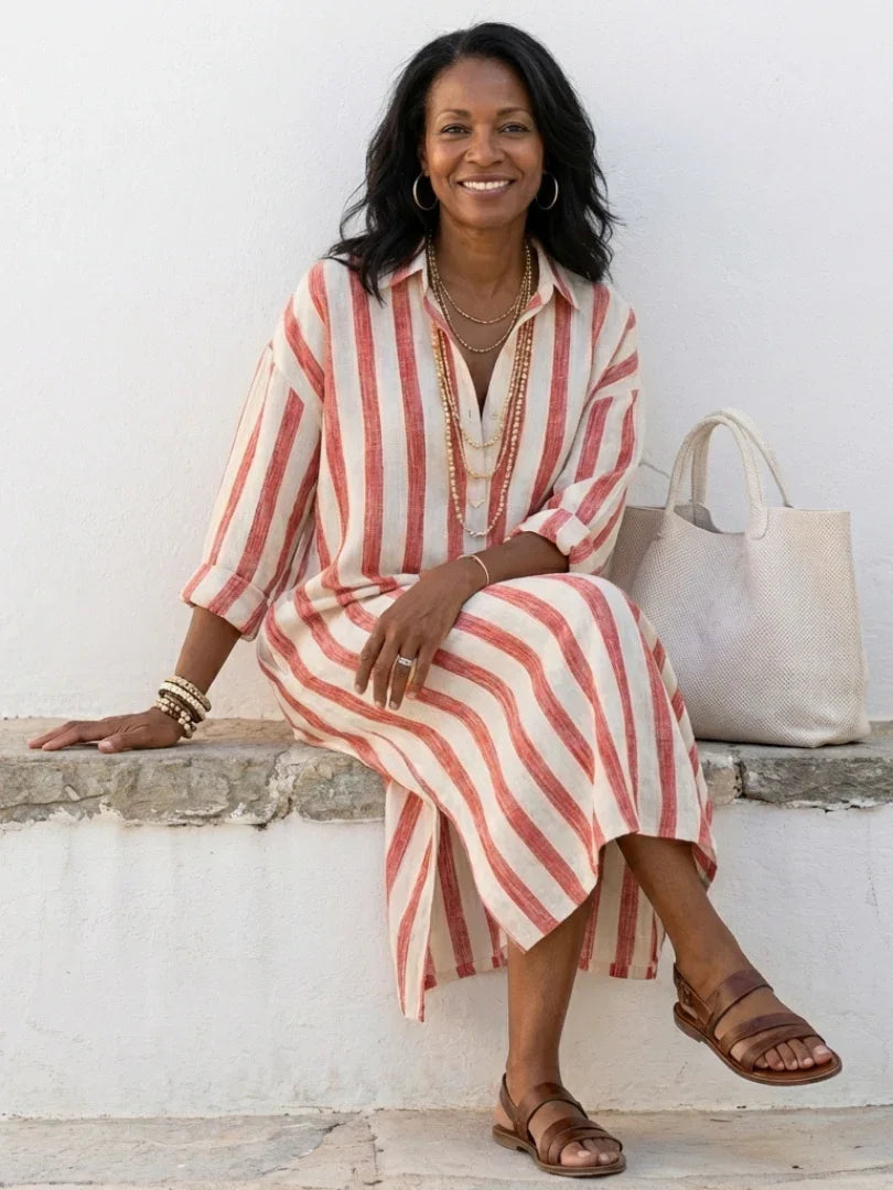 Juliette - Robe Maxi en Lin Femme Vintage avec Col Chemise et Manches 3/4