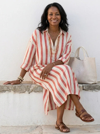 Juliette - Robe Maxi en Lin Femme Vintage avec Col Chemise et Manches 3/4