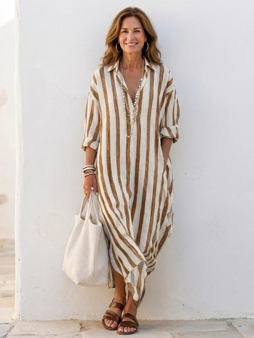 Juliette - Robe Maxi en Lin Femme Vintage avec Col Chemise et Manches 3/4