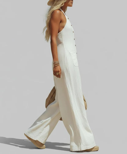 Justine - Combinaison Large en Lin Femme Bohème avec Col Halter et Jambe Évasée
