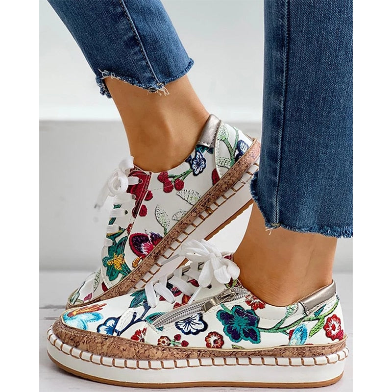 Léa - Baskets Femme Fleuries Confortables avec Semelle Plateforme et Zip