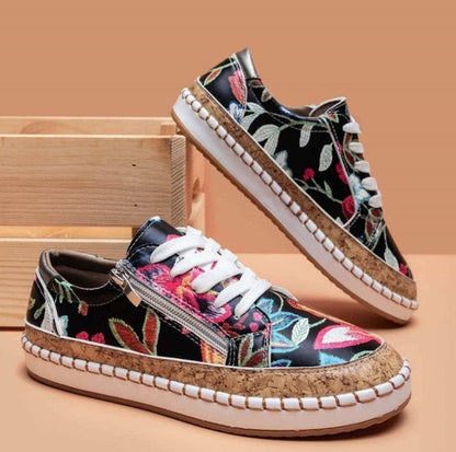 Léa - Baskets Femme Fleuries Confortables avec Semelle Plateforme et Zip