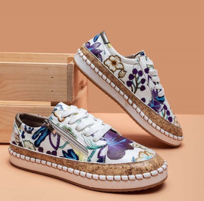 Léa - Baskets Femme Fleuries Confortables avec Semelle Plateforme et Zip