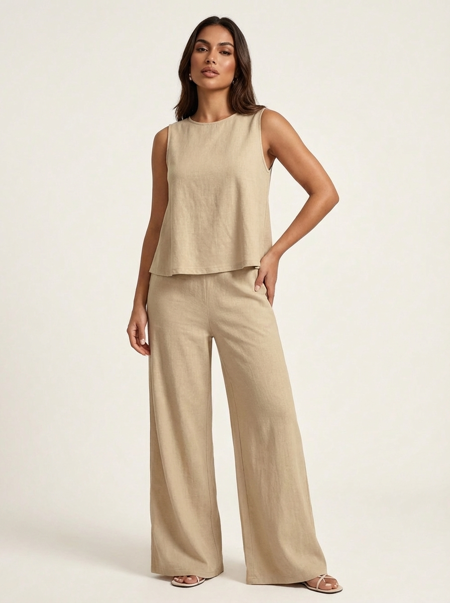 Léa - Ensemble en Lin Femme Moderne avec Top Sans Manches et Pantalon Large Palazzo