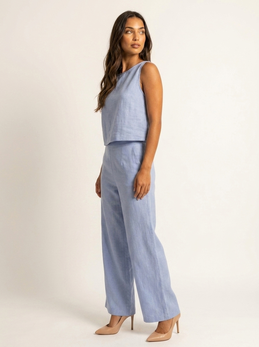 Léa - Ensemble en Lin Femme Moderne avec Top Sans Manches et Pantalon Large Palazzo