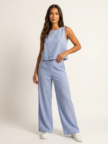 Léa - Ensemble en Lin Femme Moderne avec Top Sans Manches et Pantalon Large Palazzo