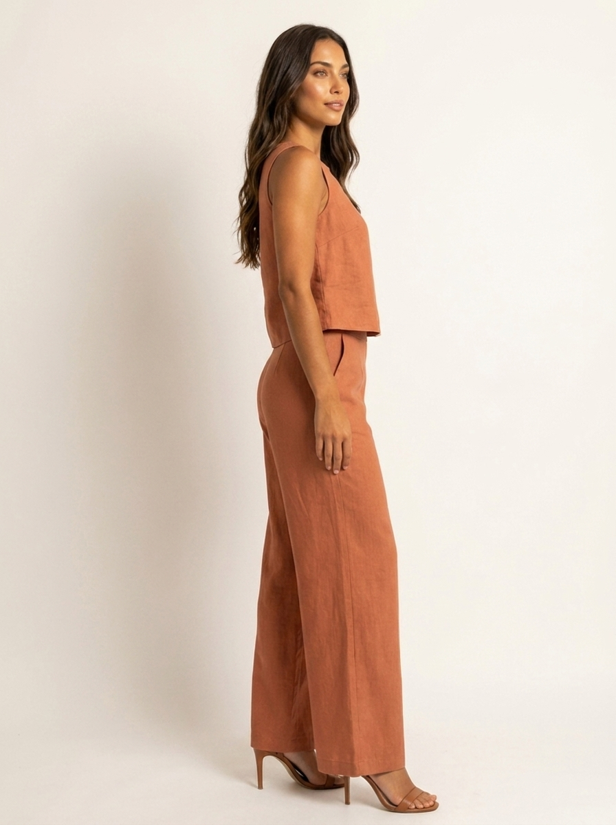 Léa - Ensemble en Lin Femme Moderne avec Top Sans Manches et Pantalon Large Palazzo