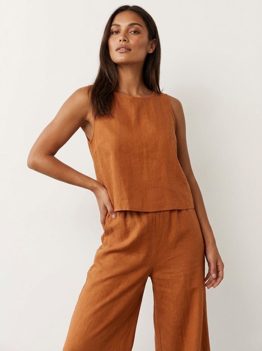 Léa - Ensemble en Lin Femme Moderne avec Top Sans Manches et Pantalon Large Palazzo