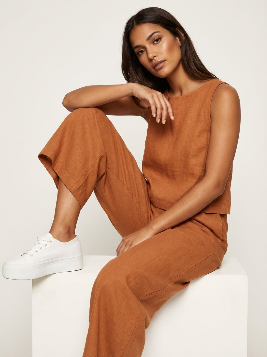 Léa - Ensemble en Lin Femme Moderne avec Top Sans Manches et Pantalon Large Palazzo