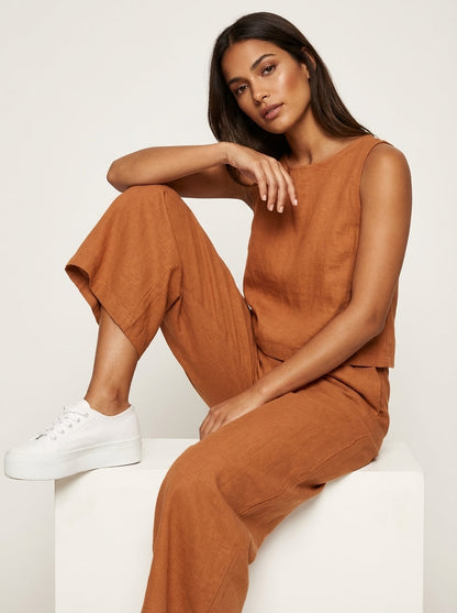 Léa - Ensemble en Lin Femme Moderne avec Top Sans Manches et Pantalon Large Palazzo