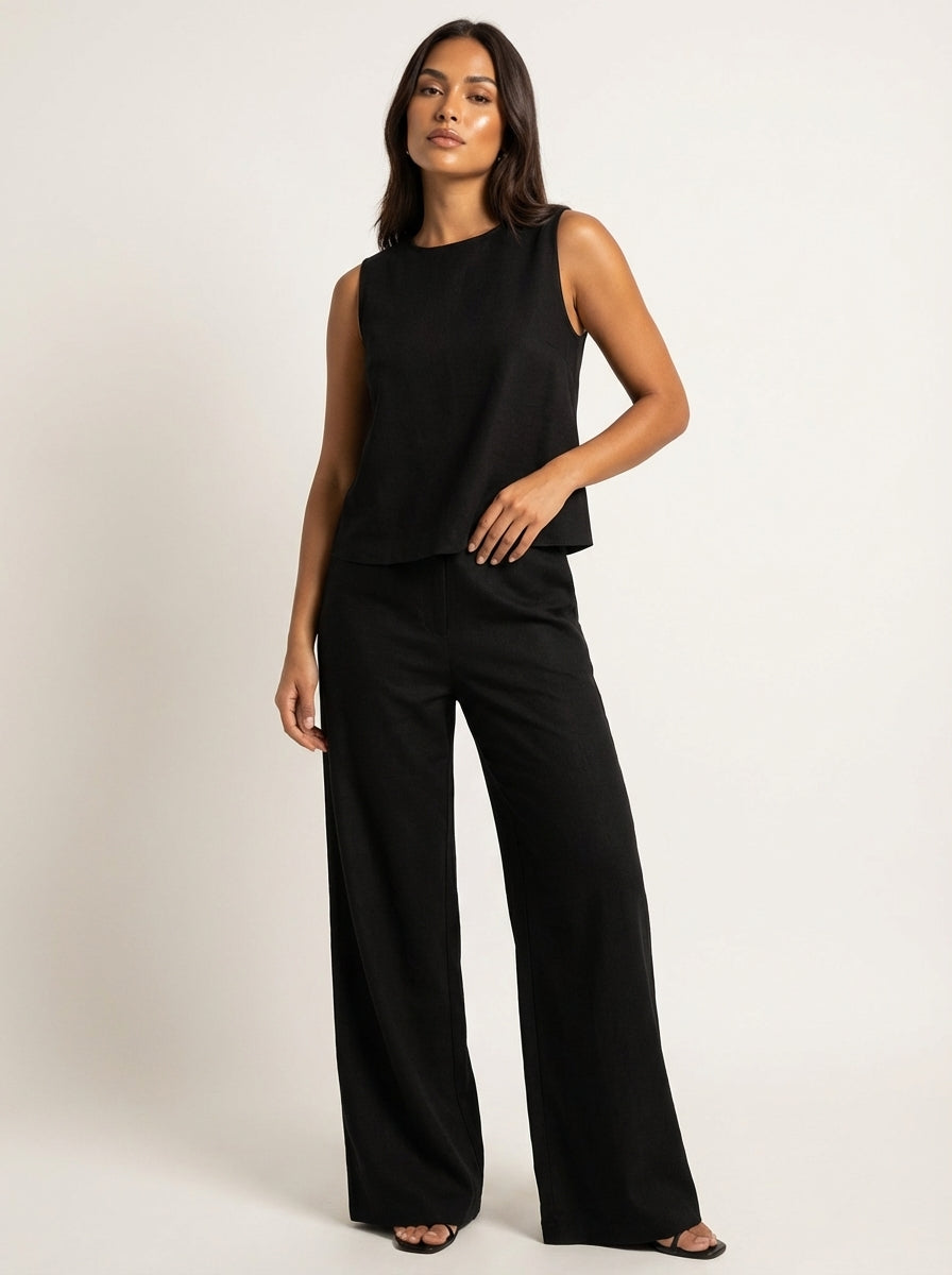 Léa - Ensemble en Lin Femme Moderne avec Top Sans Manches et Pantalon Large Palazzo